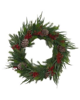 Artificial Wreath Mix Eucalyptus Pine Cone Green Red